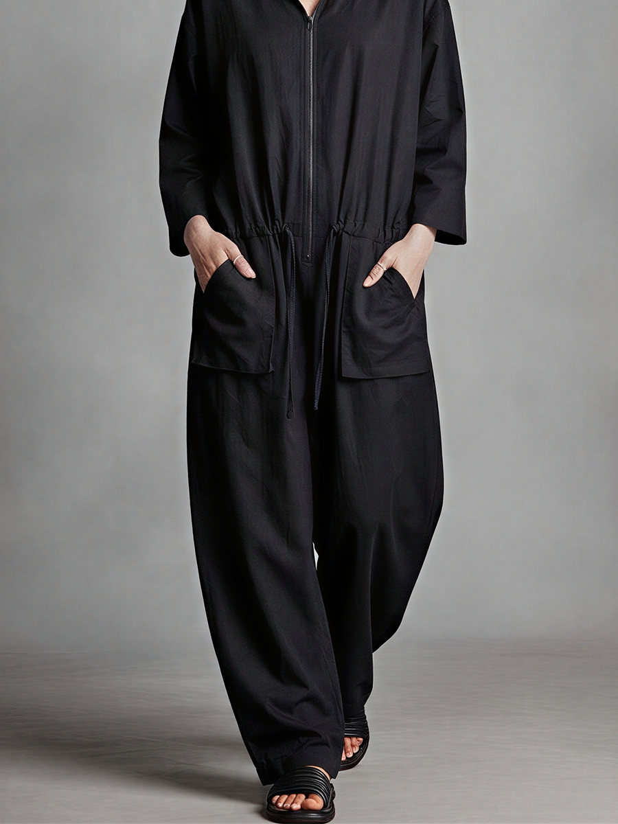 Women's Black Linen Blend Jumpsuit With Hood Full Zip Front & Drawstring Waist, Minimalist Loungewear Oversized Wide Leg Jumpsuit