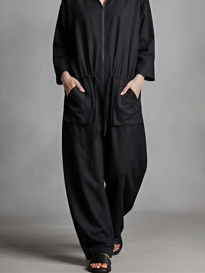 Women's Black Linen Blend Jumpsuit With Hood Full Zip Front & Drawstring Waist, Minimalist Loungewear Oversized Wide Leg Jumpsuit