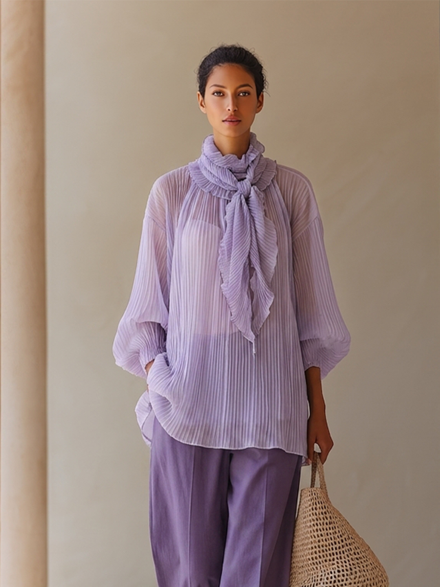 Women's Light Purple Crinkle Chiffon Two-Piece Set With Ruffled Tie Neck Balloon Sleeve Blouse & Solid High Waist Wide Leg Pants, Elegant Resort Matching Outfit