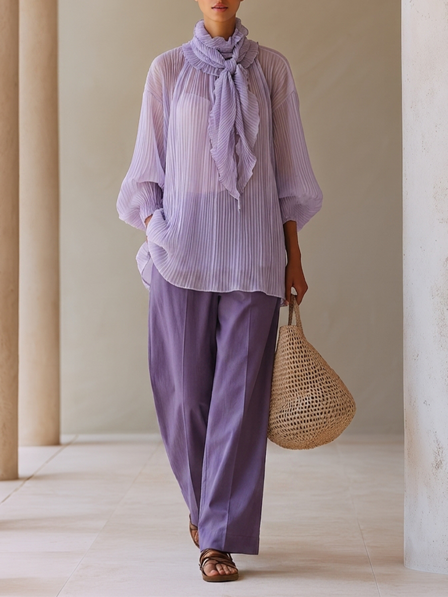 Women's Light Purple Crinkle Chiffon Two-Piece Set With Ruffled Tie Neck Balloon Sleeve Blouse & Solid High Waist Wide Leg Pants, Elegant Resort Matching Outfit