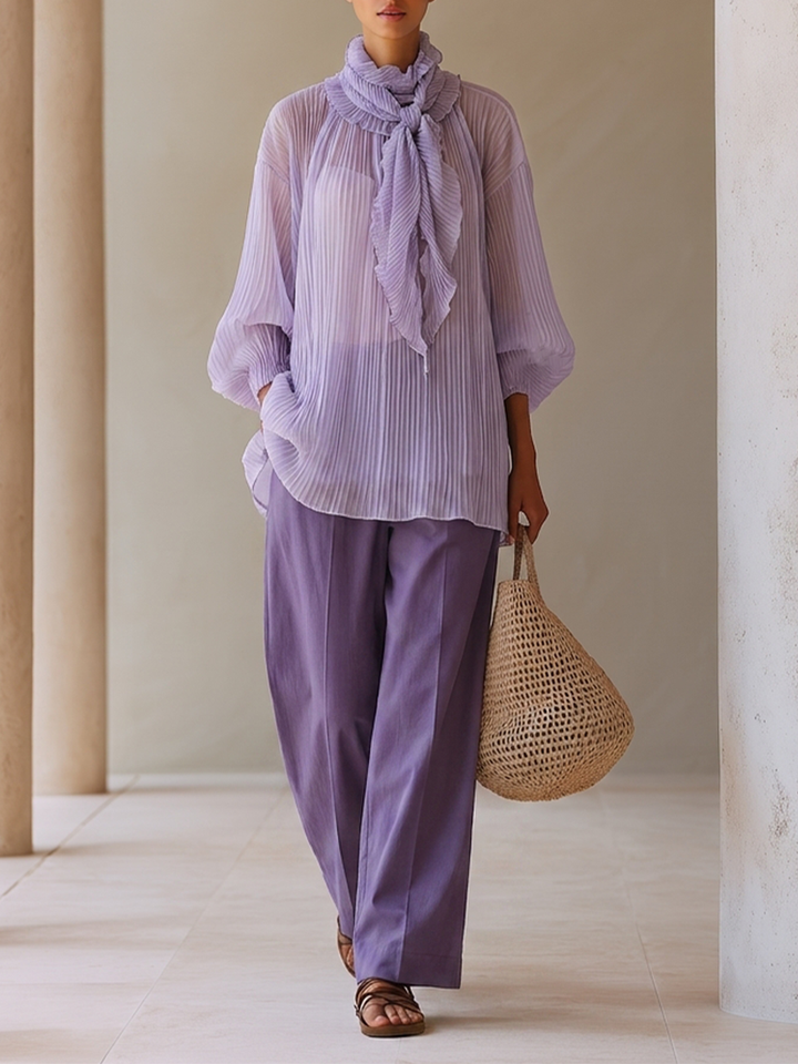 Women's Light Purple Crinkle Chiffon Two-Piece Set With Ruffled Tie Neck Balloon Sleeve Blouse & Solid High Waist Wide Leg Pants, Elegant Resort Matching Outfit