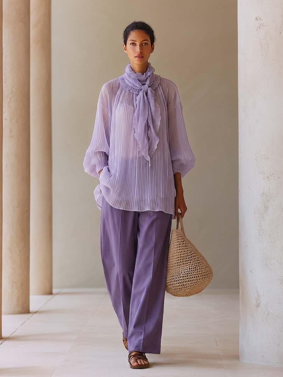 Women's Light Purple Crinkle Chiffon Two-Piece Set With Ruffled Tie Neck Balloon Sleeve Blouse & Solid High Waist Wide Leg Pants, Elegant Resort Matching Outfit