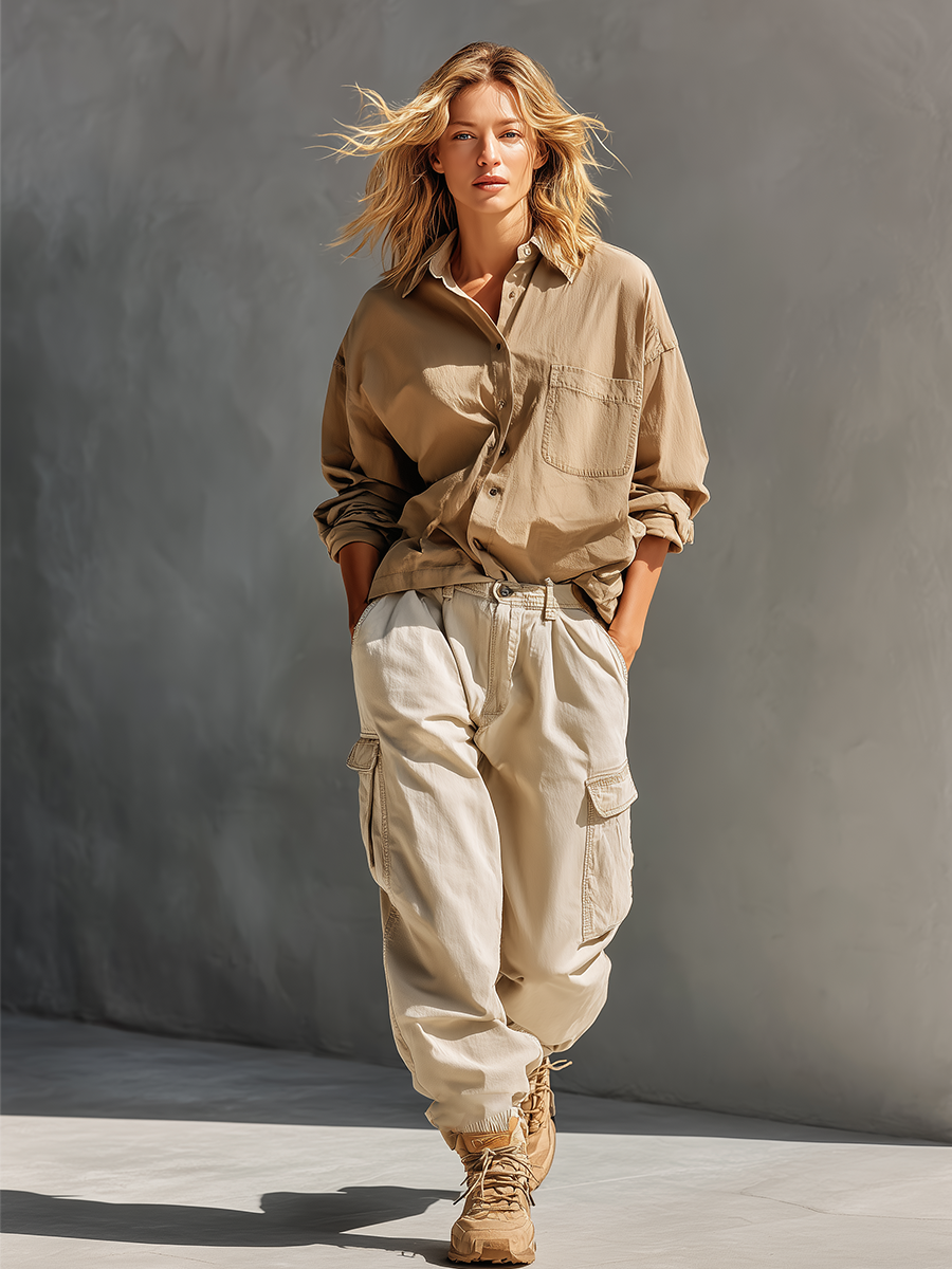 Women's Khaki & Cream Cotton Two-Piece Set With Oversized Chest Pocket Shirt & Multi-Pocket Cargo Jogger Pants, Streetwear Neutral Casual Matching Outfit