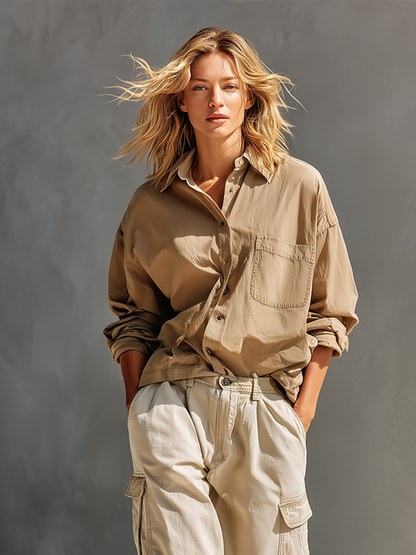 Women's Khaki & Cream Cotton Two-Piece Set With Oversized Chest Pocket Shirt & Multi-Pocket Cargo Jogger Pants, Streetwear Neutral Casual Matching Outfit