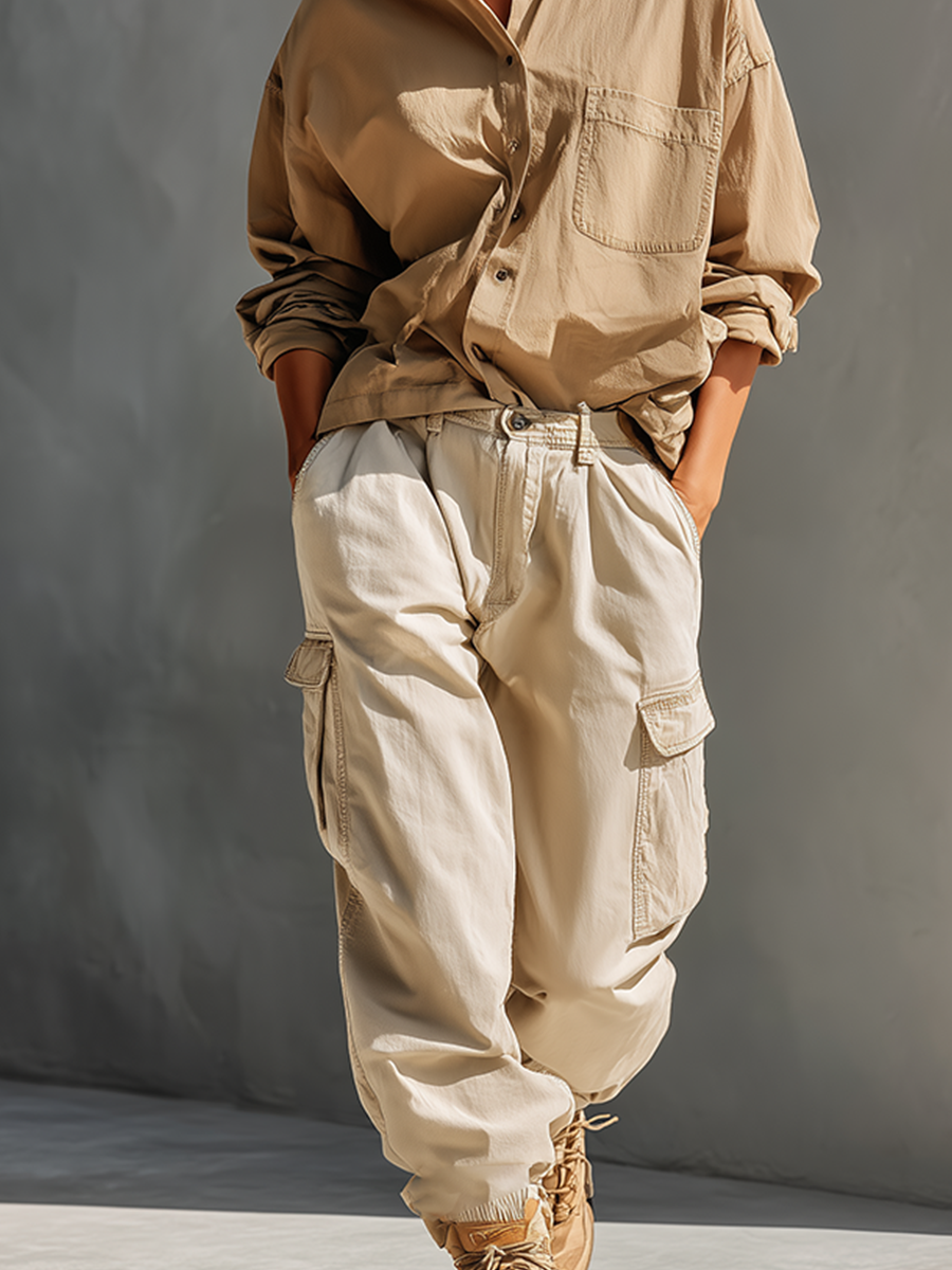 Women's Khaki & Cream Cotton Two-Piece Set With Oversized Chest Pocket Shirt & Multi-Pocket Cargo Jogger Pants, Streetwear Neutral Casual Matching Outfit
