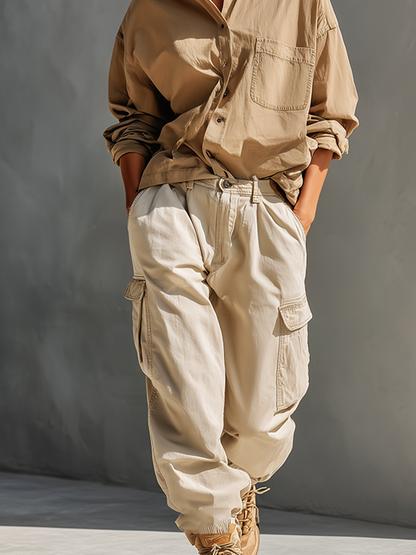 Women's Khaki & Cream Cotton Two-Piece Set With Oversized Chest Pocket Shirt & Multi-Pocket Cargo Jogger Pants, Streetwear Neutral Casual Matching Outfit