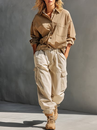 Women's Khaki & Cream Cotton Two-Piece Set With Oversized Chest Pocket Shirt & Multi-Pocket Cargo Jogger Pants, Streetwear Neutral Casual Matching Outfit