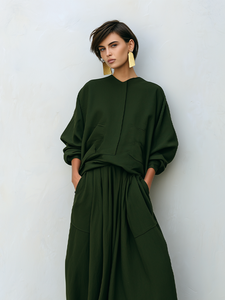 Women's Dark Olive Woven Two-Piece Set With Stand Collar Pocket Blouse & Oversized Drawstring Maxi Skirt, Minimalist Loose Resort Matching Outfit