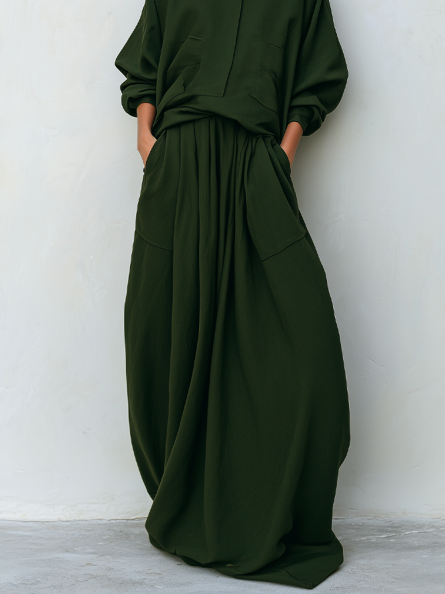 Women's Dark Olive Woven Two-Piece Set With Stand Collar Pocket Blouse & Oversized Drawstring Maxi Skirt, Minimalist Loose Resort Matching Outfit