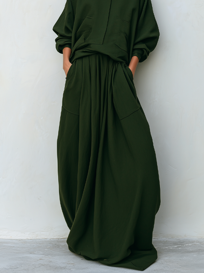 Women's Dark Olive Woven Two-Piece Set With Stand Collar Pocket Blouse & Oversized Drawstring Maxi Skirt, Minimalist Loose Resort Matching Outfit