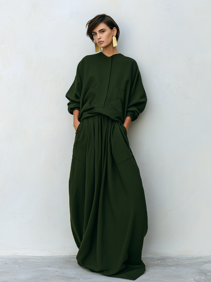 Women's Dark Olive Woven Two-Piece Set With Stand Collar Pocket Blouse & Oversized Drawstring Maxi Skirt, Minimalist Loose Resort Matching Outfit
