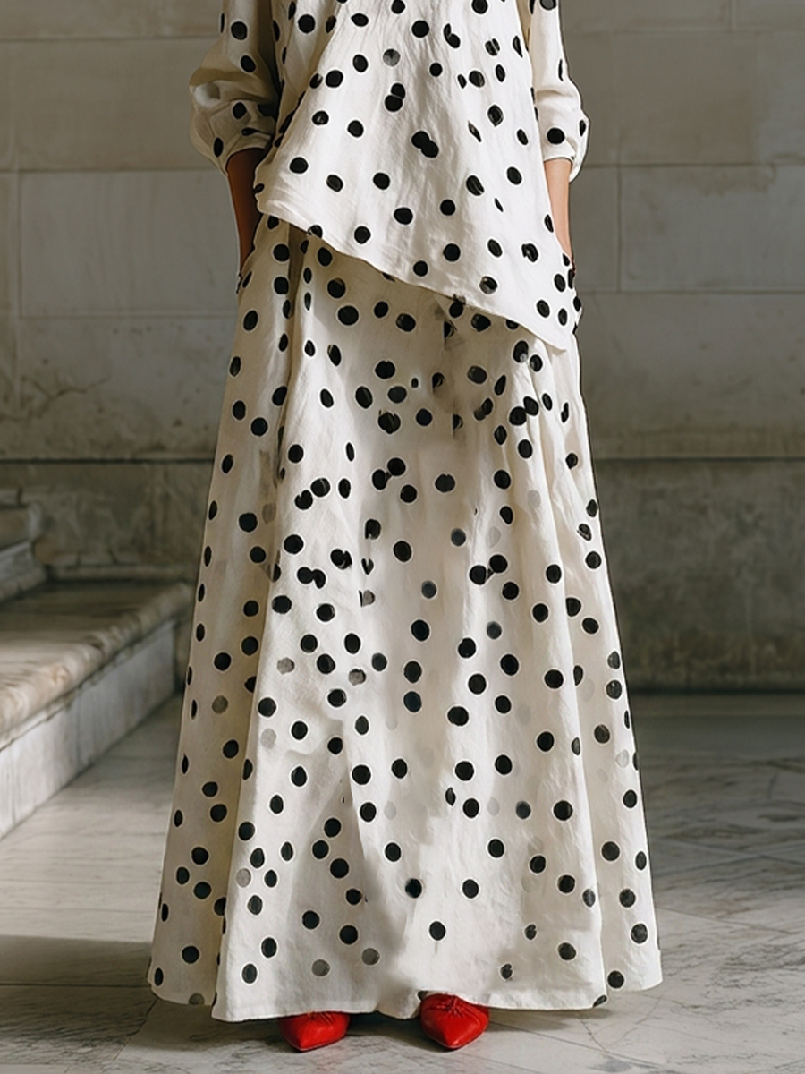 Women's Cream Spot Print Woven Co-Ord With Drop Shoulder Long Sleeve Blouse & Side Pocket Floor-Length Maxi Skirt, Minimalist Daily Casual Two-Piece Set