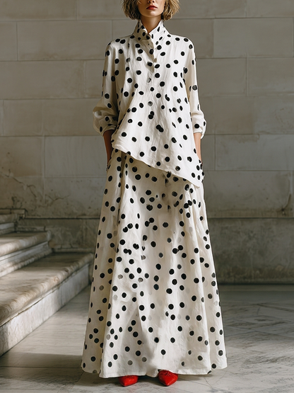 Women's Cream Spot Print Woven Co-Ord With Drop Shoulder Long Sleeve Blouse & Side Pocket Floor-Length Maxi Skirt, Minimalist Daily Casual Two-Piece Set