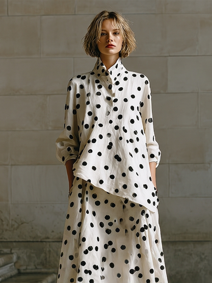 Women's Cream Spot Print Woven Co-Ord With Drop Shoulder Long Sleeve Blouse & Side Pocket Floor-Length Maxi Skirt, Minimalist Daily Casual Two-Piece Set
