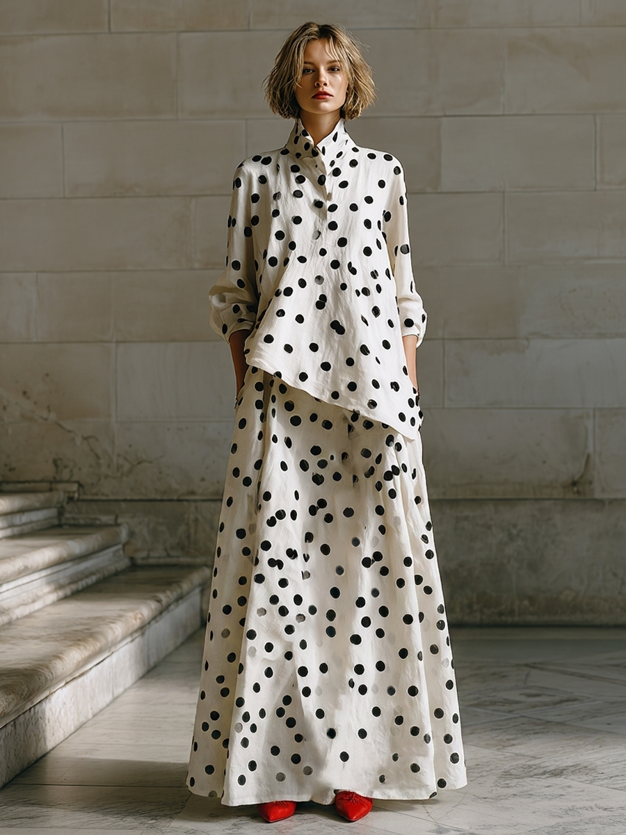 Women's Cream Spot Print Woven Co-Ord With Drop Shoulder Long Sleeve Blouse & Side Pocket Floor-Length Maxi Skirt, Minimalist Daily Casual Two-Piece Set
