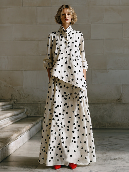 Women's Cream Spot Print Woven Co-Ord With Drop Shoulder Long Sleeve Blouse & Side Pocket Floor-Length Maxi Skirt, Minimalist Daily Casual Two-Piece Set