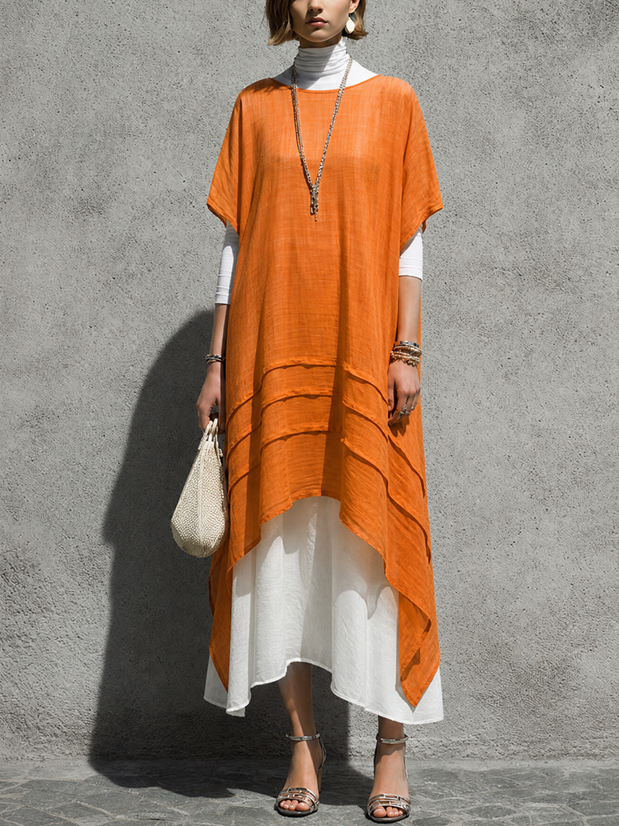 Women's Relaxed Vacation Style Bright Orange Cotton Linen Boat Neck Short Sleeve Layered Color-Blocked Irregular Hem Long Dress
