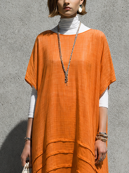 Women's Relaxed Vacation Style Bright Orange Cotton Linen Boat Neck Short Sleeve Layered Color-Blocked Irregular Hem Long Dress