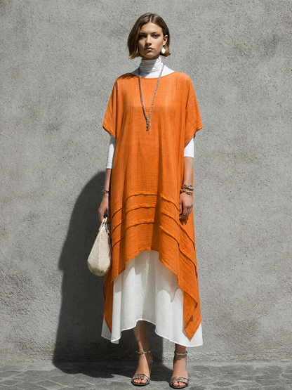 Women's Relaxed Vacation Style Bright Orange Cotton Linen Boat Neck Short Sleeve Layered Color-Blocked Irregular Hem Long Dress