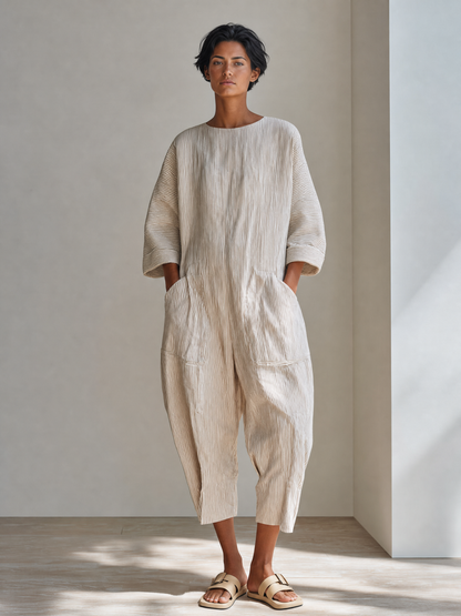Women's Minimalist Beige Cotton Linen Blend Pinstripe Round Neck Dropped Shoulder Oversized Cropped Jumpsuit