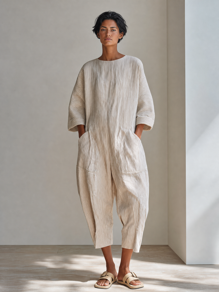 Women's Minimalist Beige Cotton Linen Blend Pinstripe Round Neck Dropped Shoulder Oversized Cropped Jumpsuit