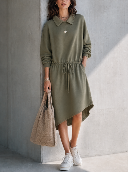 Women's Casual Workwear Style Army Green Cotton Blend Lapel Long Sleeve Drawstring Waist Midi Dress