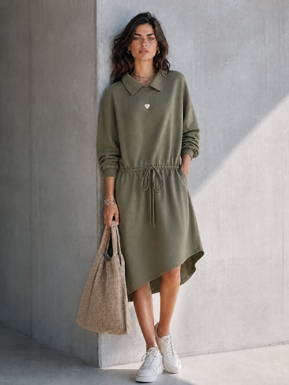 Women's Casual Workwear Style Army Green Cotton Blend Lapel Long Sleeve Drawstring Waist Midi Dress