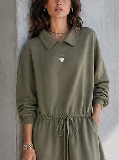 Women's Casual Workwear Style Army Green Cotton Blend Lapel Long Sleeve Drawstring Waist Midi Dress