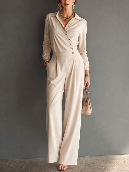 Women's Minimalist Workwear Style Apricot Cotton Blend Lapel Asymmetric Button Long Sleeve High Waist Wide Leg Long Jumpsuit