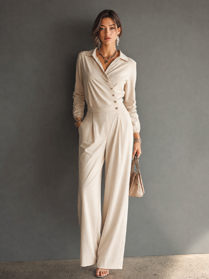 Women's Minimalist Workwear Style Apricot Cotton Blend Lapel Asymmetric Button Long Sleeve High Waist Wide Leg Long Jumpsuit