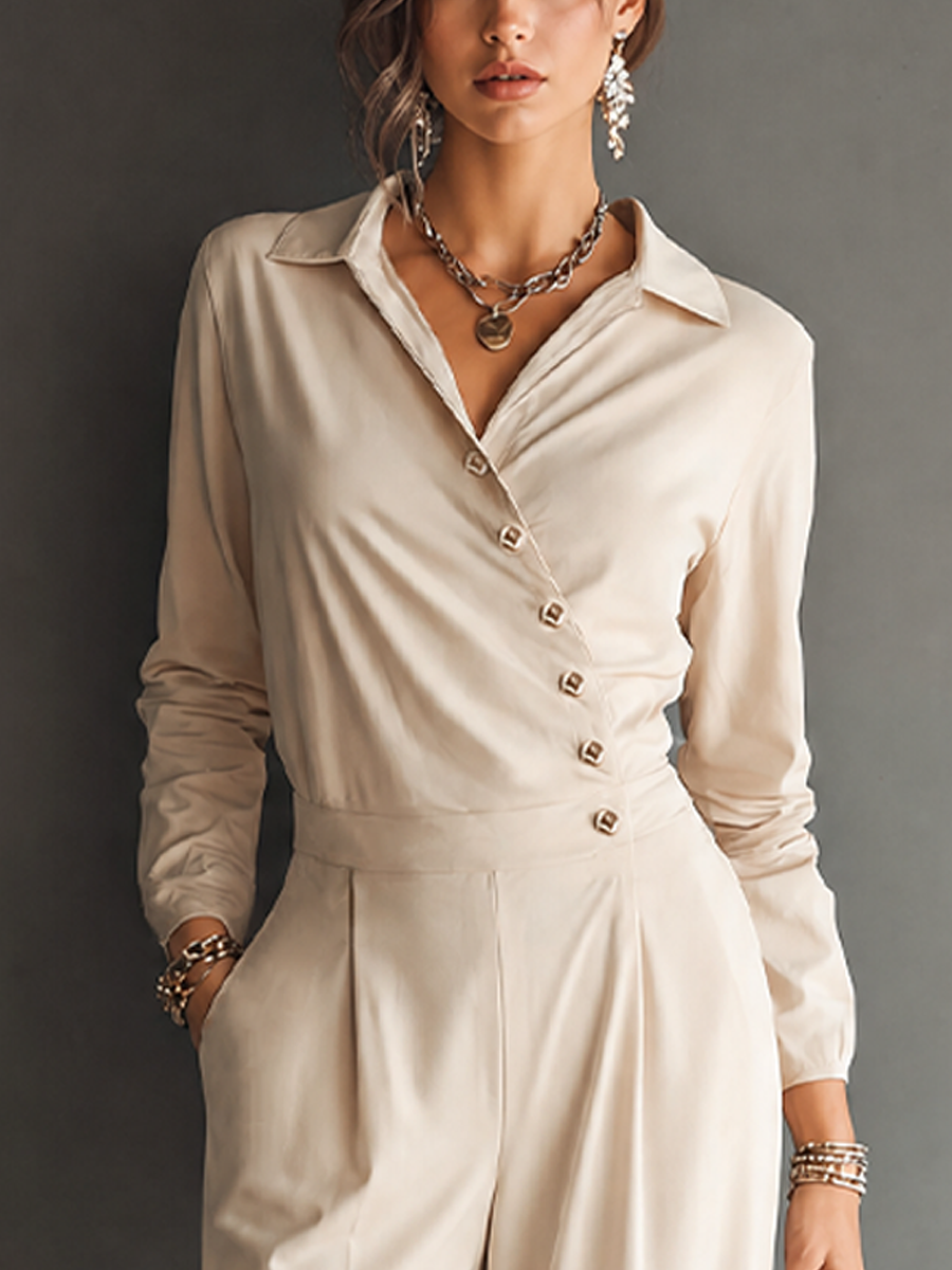 Women's Minimalist Workwear Style Apricot Cotton Blend Lapel Asymmetric Button Long Sleeve High Waist Wide Leg Long Jumpsuit