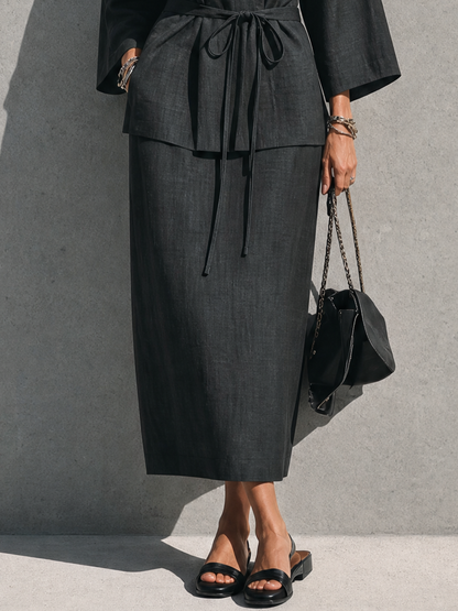 Women's Minimalist Relaxed Style Black Linen Cotton V-Neck 3/4 Sleeve Tie Wrap Top Midi Skirt Set