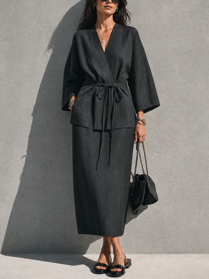 Women's Minimalist Relaxed Style Black Linen Cotton V-Neck 3/4 Sleeve Tie Wrap Top Midi Skirt Set