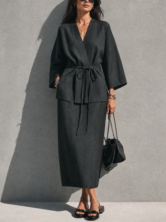 Women's Minimalist Relaxed Style Black Linen Cotton V-Neck 3/4 Sleeve Tie Wrap Top Midi Skirt Set