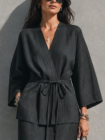 Women's Minimalist Relaxed Style Black Linen Cotton V-Neck 3/4 Sleeve Tie Wrap Top Midi Skirt Set