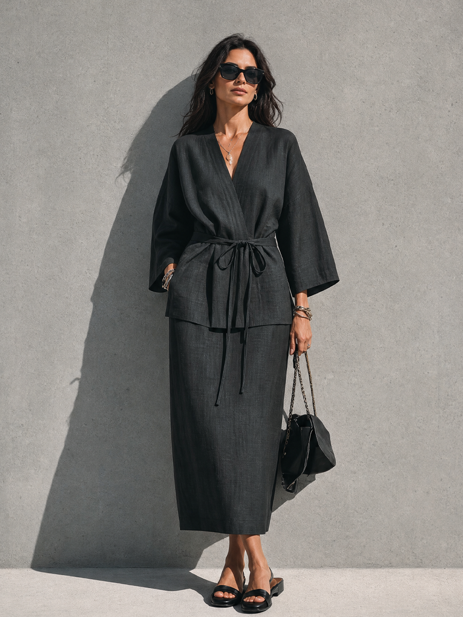 Women's Minimalist Relaxed Style Black Linen Cotton V-Neck 3/4 Sleeve Tie Wrap Top Midi Skirt Set