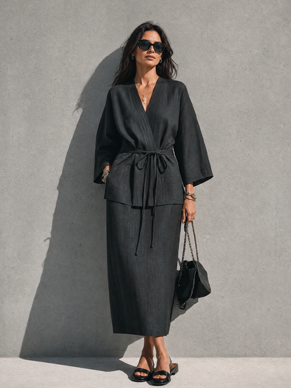 Women's Minimalist Relaxed Style Black Linen Cotton V-Neck 3/4 Sleeve Tie Wrap Top Midi Skirt Set