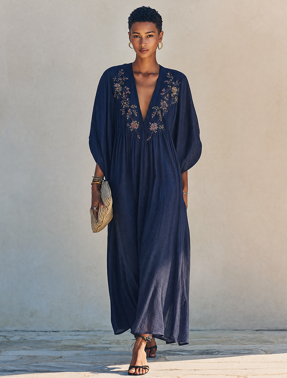 Women's Minimalist Cotton-Linen Maxi Dress With Floral Embroidery, Deep V-Neck, And Batwing Sleeves
