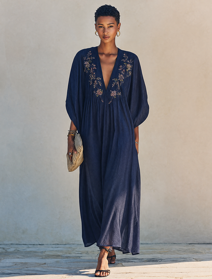 Women's Minimalist Cotton-Linen Maxi Dress With Floral Embroidery, Deep V-Neck, And Batwing Sleeves