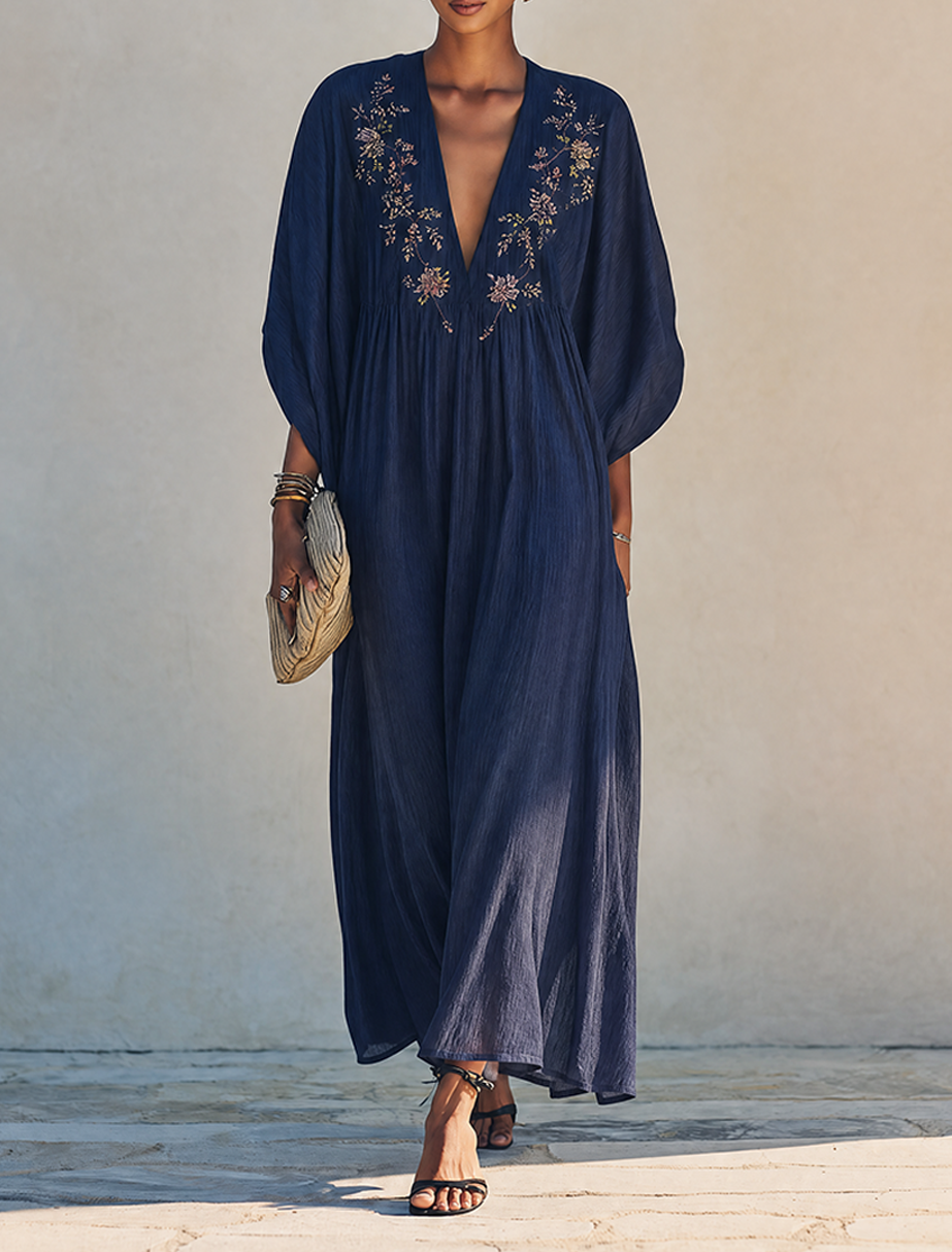 Women's Minimalist Cotton-Linen Maxi Dress With Floral Embroidery, Deep V-Neck, And Batwing Sleeves