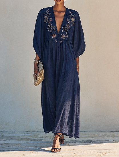 Women's Minimalist Cotton-Linen Maxi Dress With Floral Embroidery, Deep V-Neck, And Batwing Sleeves