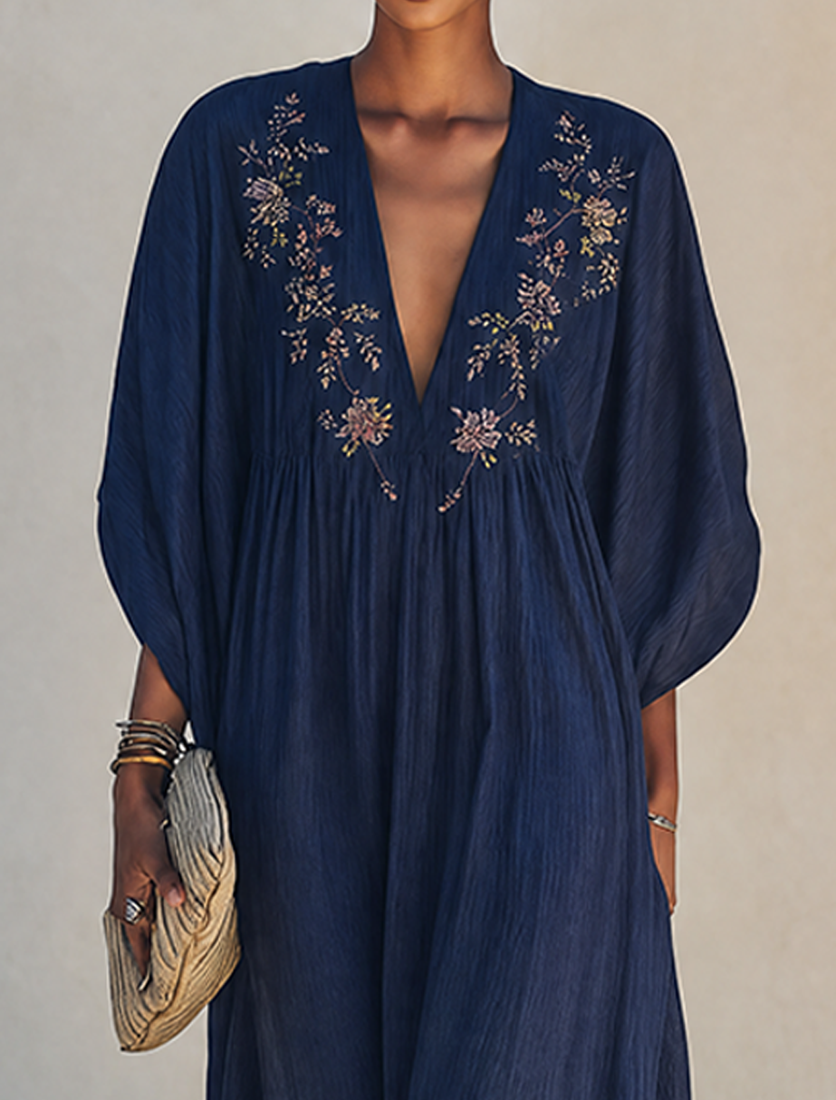 Women's Minimalist Cotton-Linen Maxi Dress With Floral Embroidery, Deep V-Neck, And Batwing Sleeves