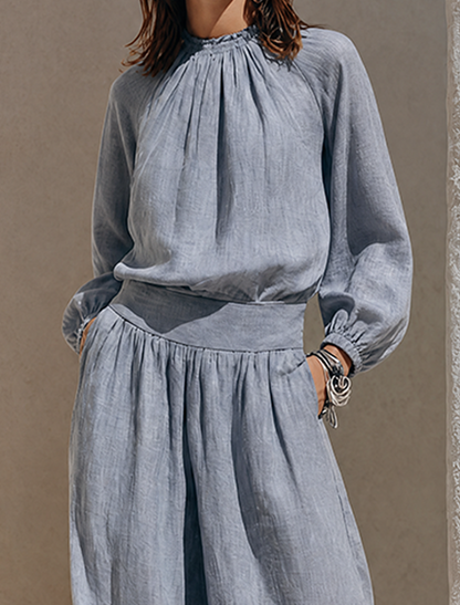 Women's Blue-Grey Solid Cotton-Linen Maxi Dress With Ruffled High Neck