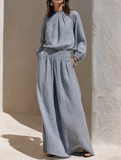 Women's Blue-Grey Solid Cotton-Linen Maxi Dress With Ruffled High Neck