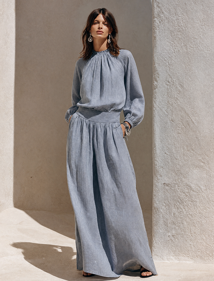 Women's Blue-Grey Solid Cotton-Linen Maxi Dress With Ruffled High Neck