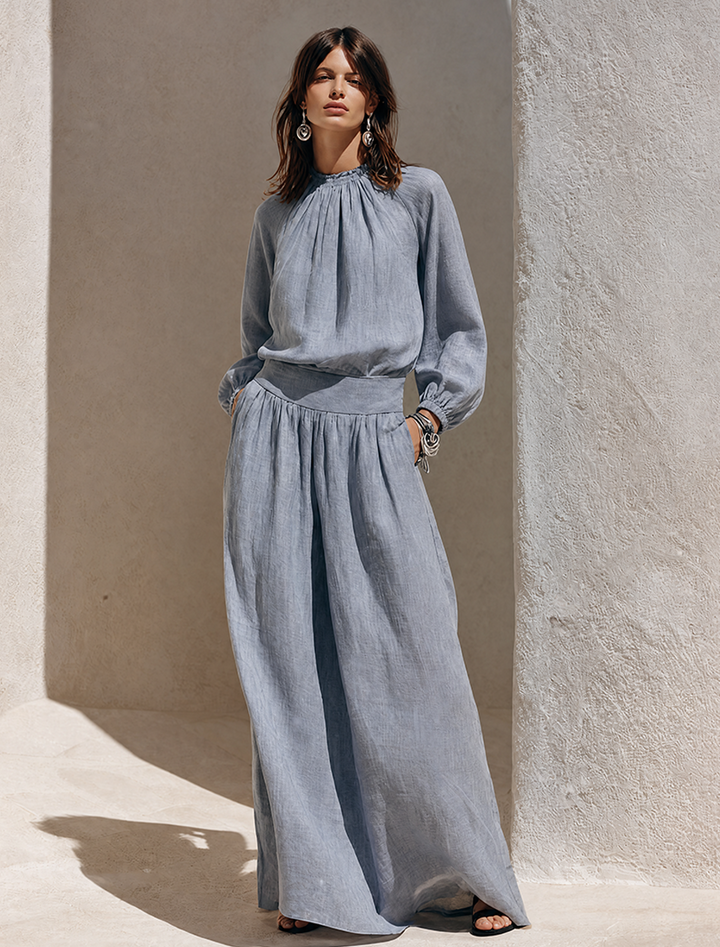 Women's Blue-Grey Solid Cotton-Linen Maxi Dress With Ruffled High Neck