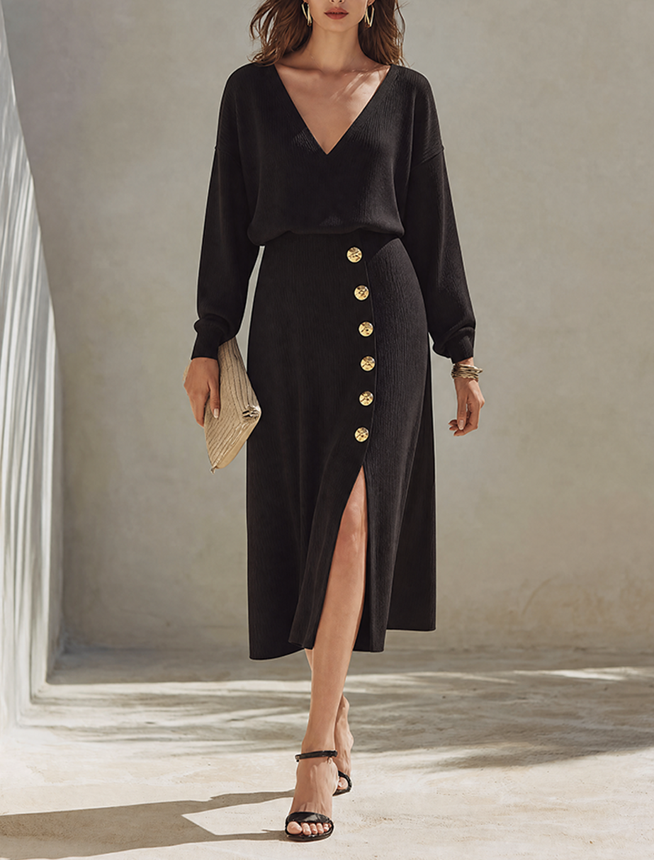 Women's Minimalist Solid Black Knit V-Neck Long-Sleeve Midi Dress
