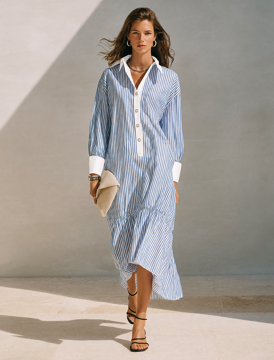 Women's Blue & White Vertical Stripe Cotton-Linen Shirt Dress With Contrast Cuffs