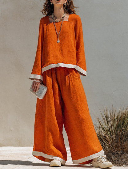 Women's Cotton-Linen Blend Square-Neck Long-Sleeve Top & Wide-Leg Pants Set With Contrast Trim