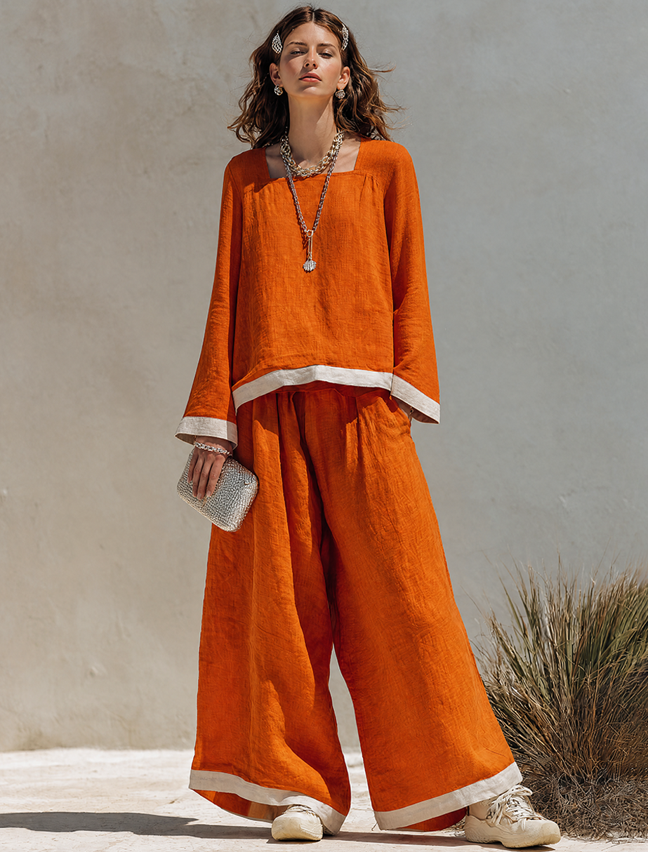 Women's Cotton-Linen Blend Square-Neck Long-Sleeve Top & Wide-Leg Pants Set With Contrast Trim